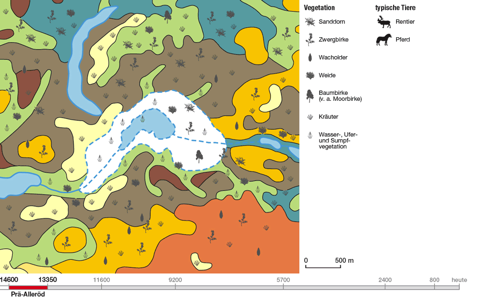 Abb. 1: Landschaft und Vegetation am Wandlitzer See in den zurückliegenden 14.600 Jahren
