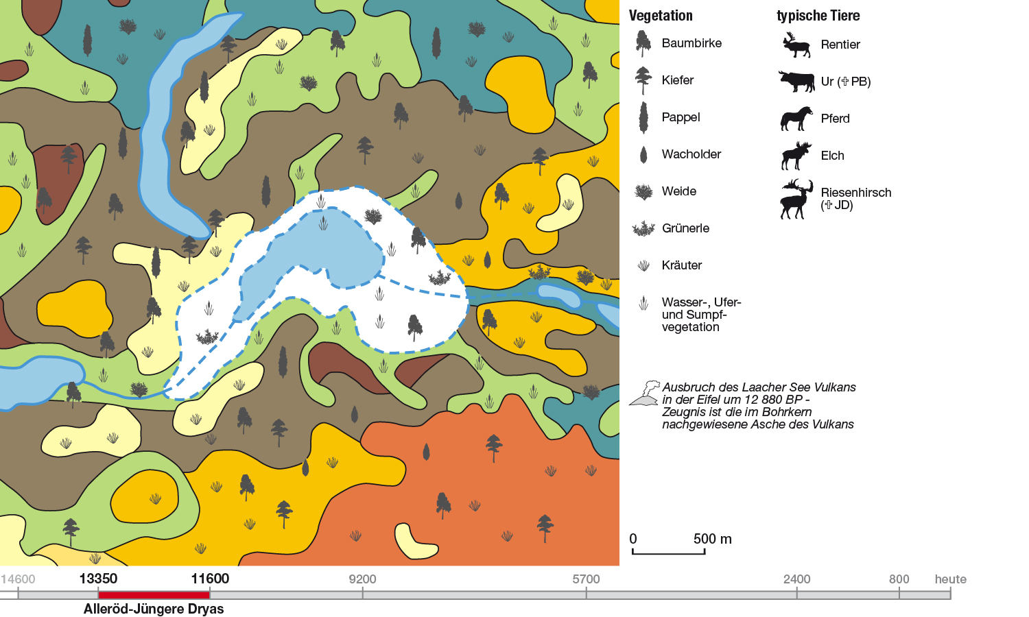 Abb. 5: Landschaft und Vegetation am Wandlitzer See im Alleröd und in der Jüngeren Dryas – 13.350–11.600 Jahre vor heute