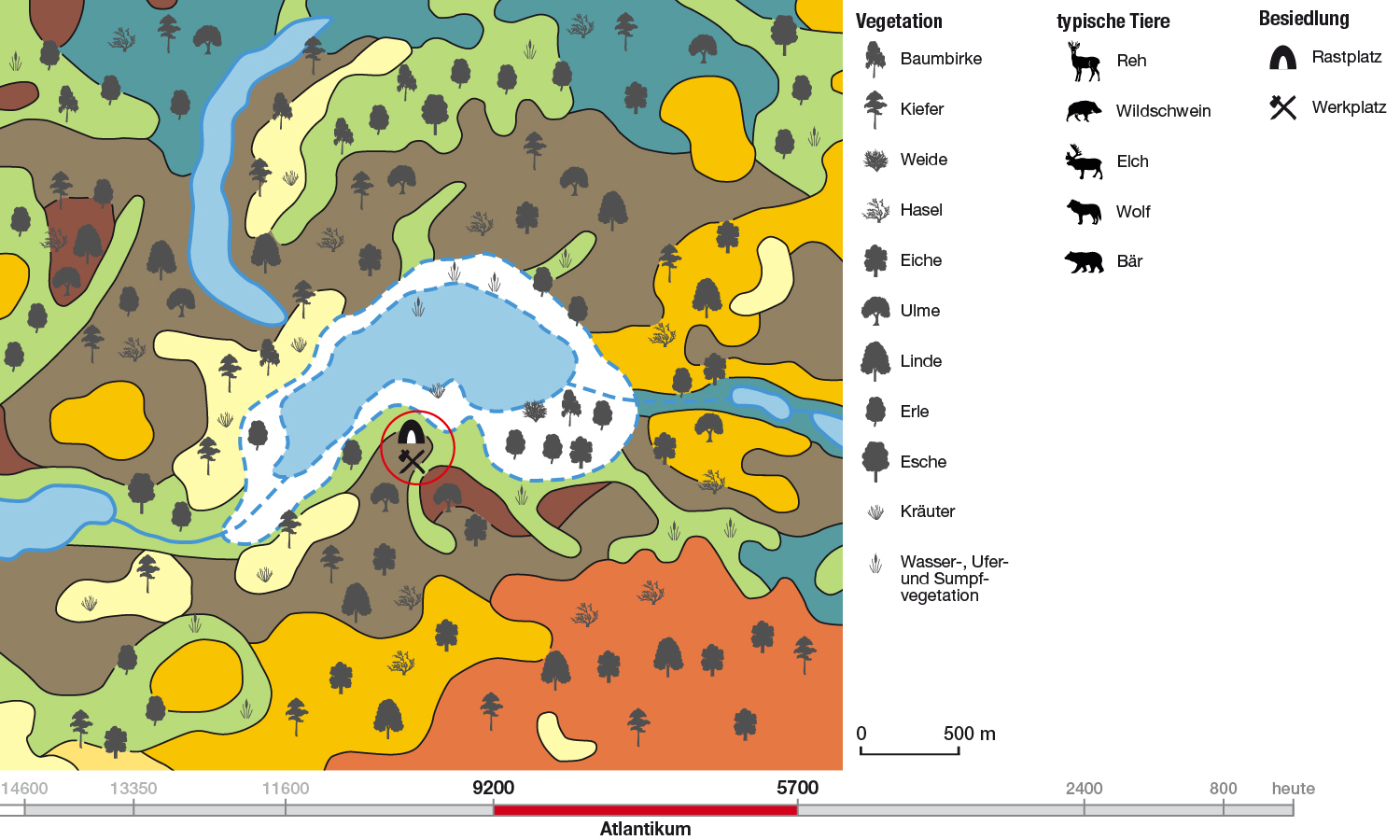 Abb. 7: Landschaft und Vegetation am Wandlitzer See im Atlantikum – 9200–5700 Jahre vor heute