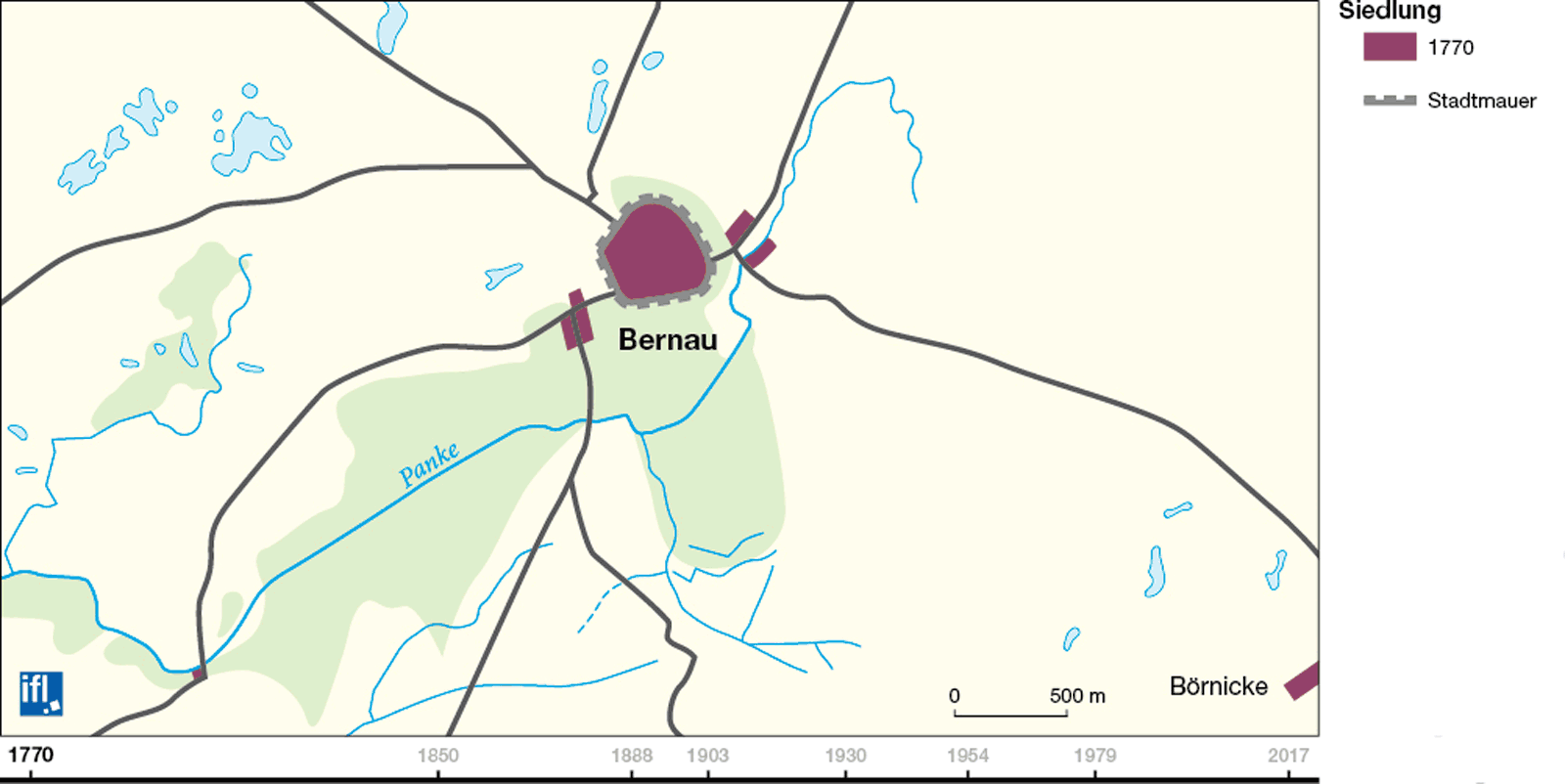 Abb. 2: Stadtentwicklung von Bernau 1770–2017 (zur Ansicht der Einzelbilder bitte anklicken)