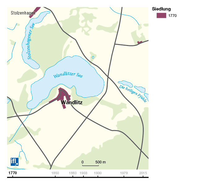 Abb. 2: Ortsentwicklung von Wandlitz 1770 bis 2015 (zur Ansicht der Einzelbilder bitte anklicken)