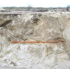 Abb. 10: Reste von Tonröhrendrainagen finden sich nach wie vor im Erdreich der ehemaligen Rieselfelder, wie hier 2004 westlich von Hobrechtsfelde.