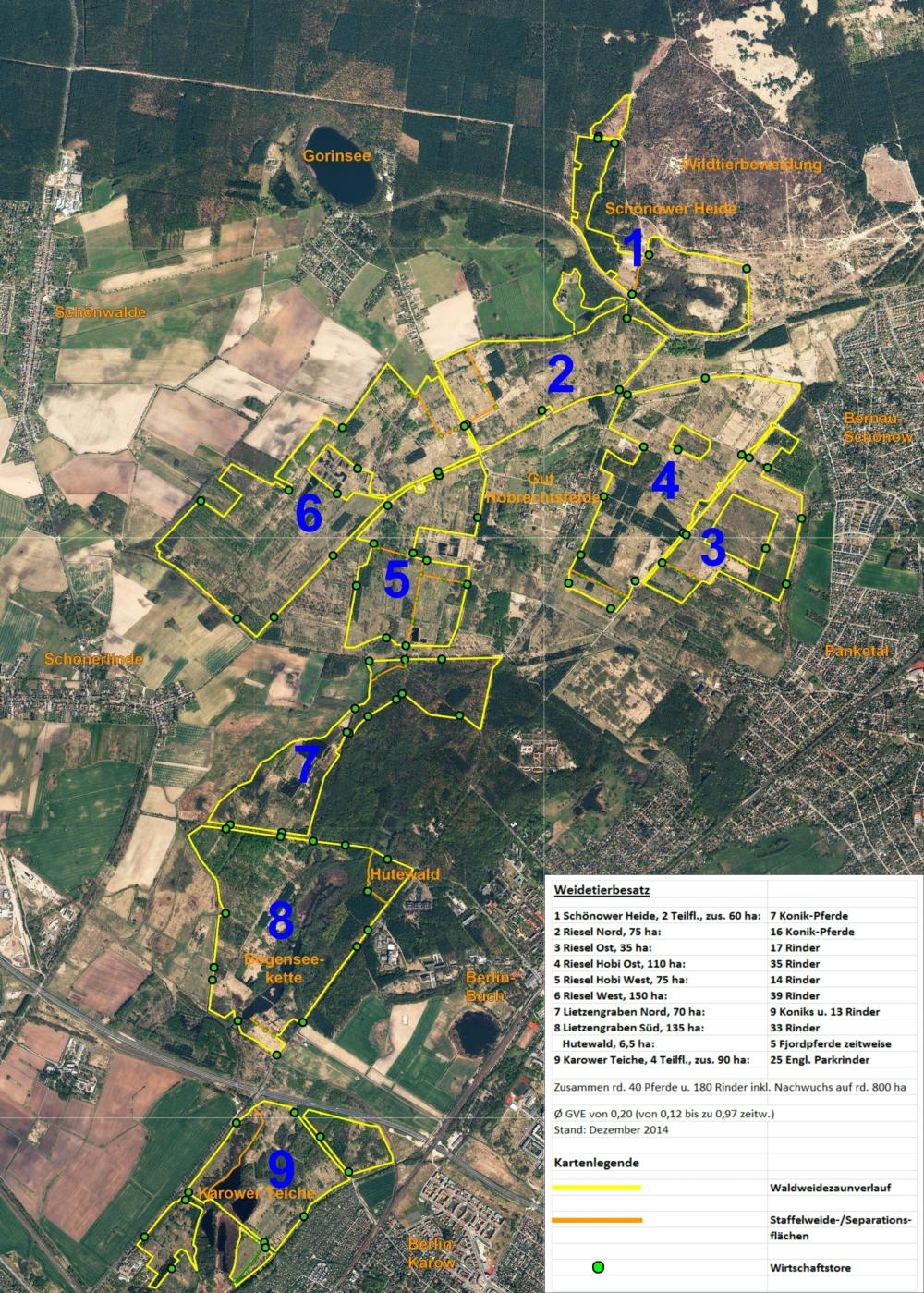 Abb. 3: Luftbildausschnitt des Projektgebietes mit den neun extensiven Waldweidekomplexen