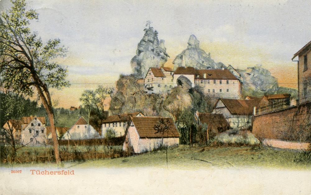 Abb. 16: Historische Postkarte von Tüchersfeld um 1904, auf der im Vordergrund in der Mitte das Gebäude der ehemaligen Mikwe zu sehen ist.