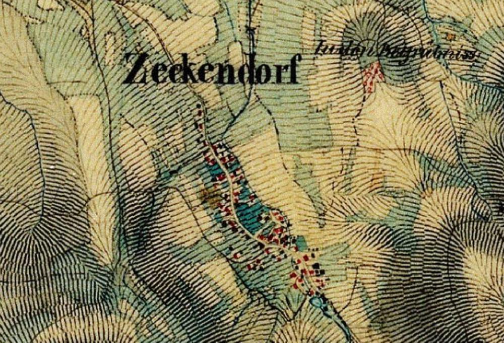 Abb. 4: Im Kartenausschnitt ist nördlich des Dorfes Zeckendorf der recht großflächige Judenfriedhof abgebildet (bezeichnet als Judenbegräbnis).