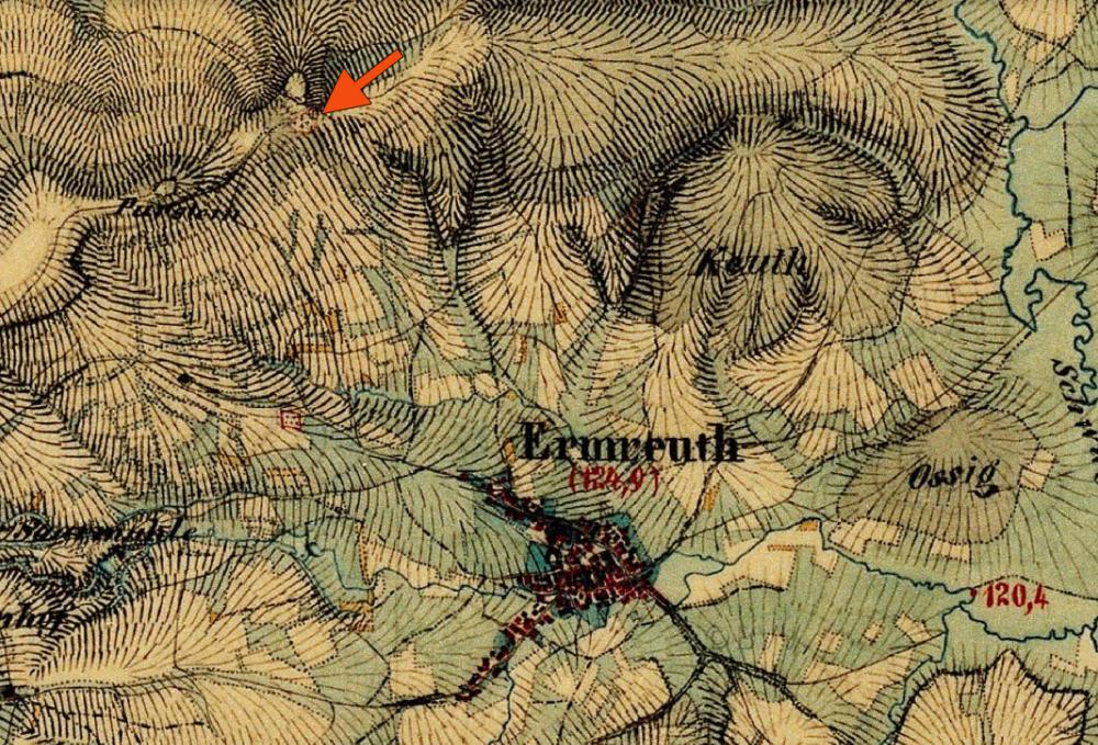 Abb. 40: Der Judenfriedhof befindet sich nordwestlich des Ortes Ermreuth in etwa 1.500 m Entfernung. Auch wenn er auf der Karte nicht (wie sonst üblich) eigens bezeichnet wird, ist er anhand der Friedhofssignatur gut zu identifizieren.