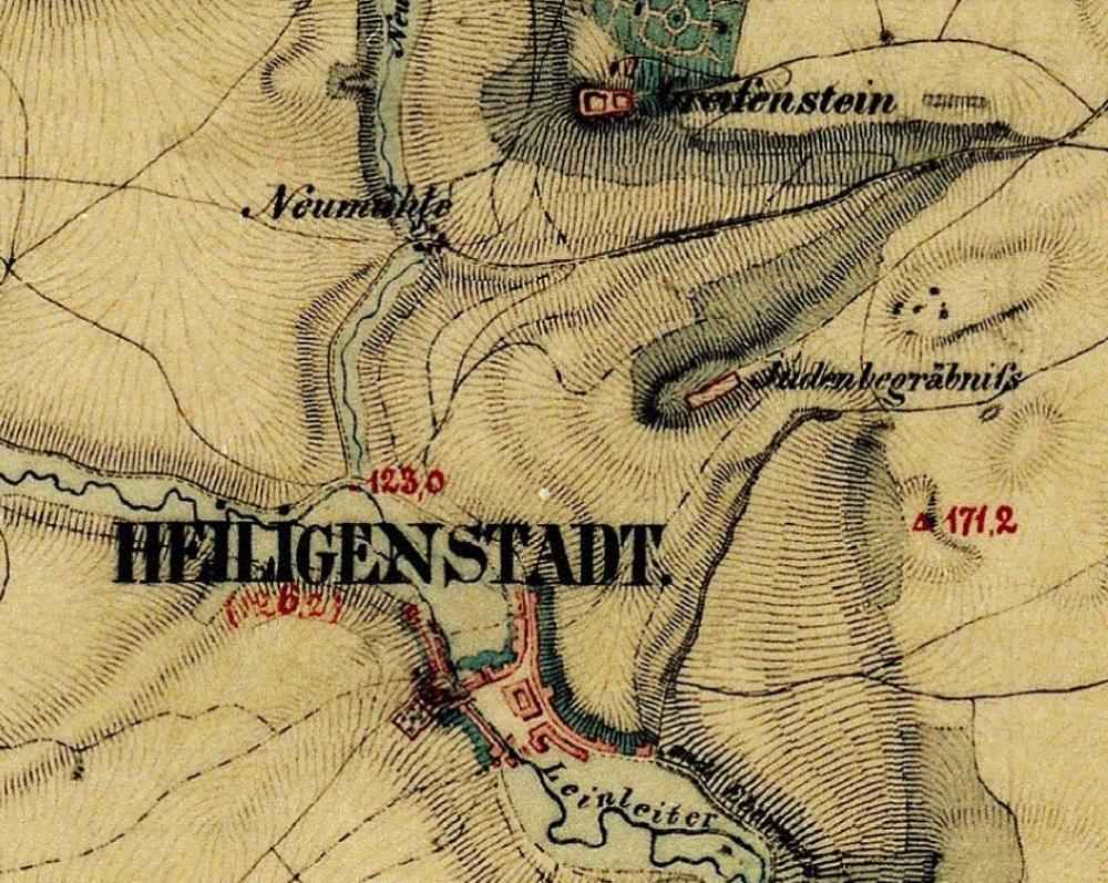Abb. 8: In der Karte ist nordöstlich des Marktes Heiligenstadt und südlich der Burg Greifenstein der Judenfriedhof eingezeichnet.