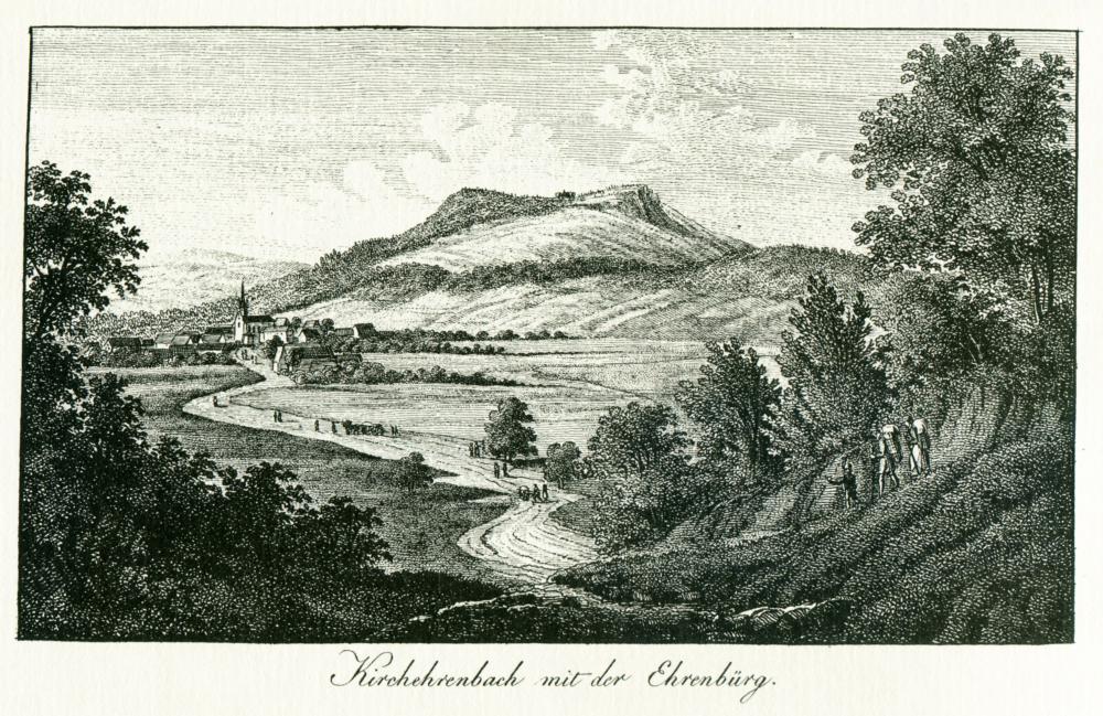 Abb. 1: Blick auf die Ehrenbürg, gezeichnet 1820 von Ludwig Neureuther, wahrscheinlich gestochen von G. Adam