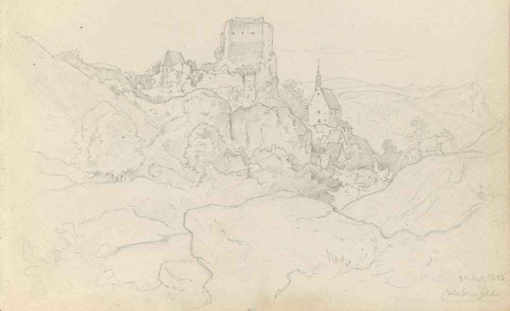 Abb. 12: Skizze des Ortes und der Burg von Ludwig Richter, die bei seinem zweiten Besuch in Waischenfeld am 18. September 1845 entstand.