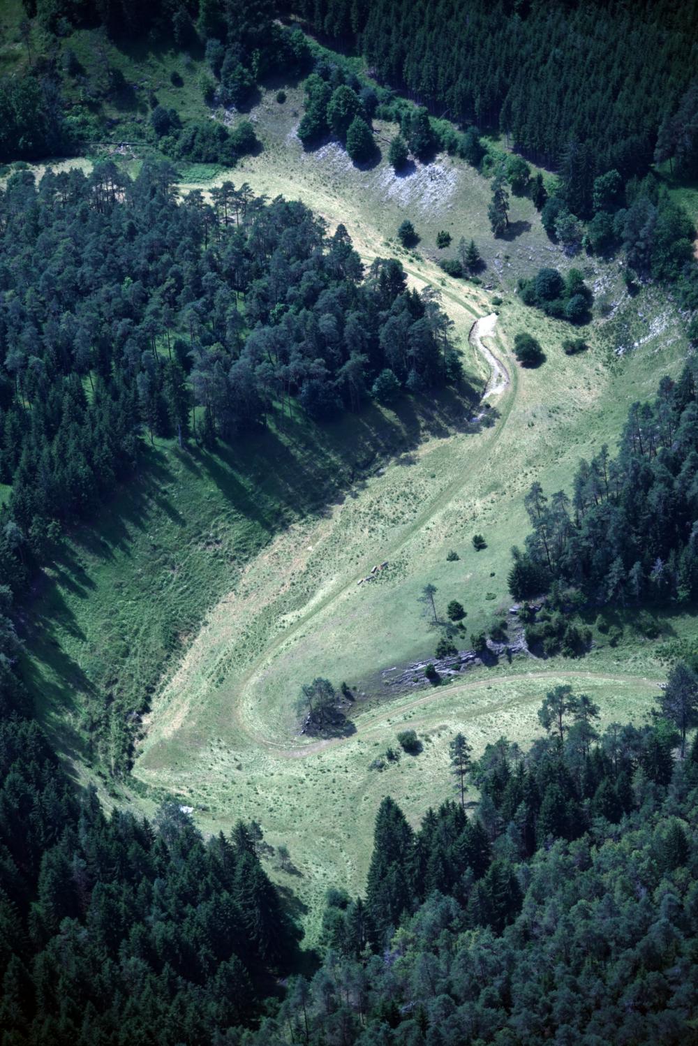 Abb. 9: Das eindrucksvolle Trockental der Leinleiter oberhalb der Heroldsmühle mit Blick nach Westen: Im vorderen Bildbereich, durch die Bewaldung bedeckt, treten die beiden Tummler aus.