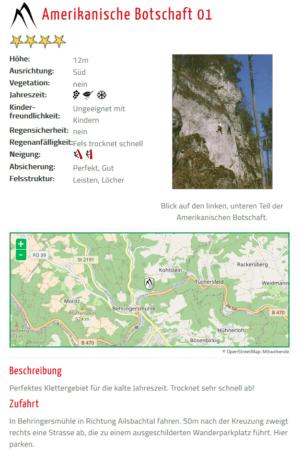 Abb. 15: Beschreibung des Kletterfelsen „Amerikanische Botschaft“ im Püttlachtal, Kletterregion Unteres Ailsbachtal