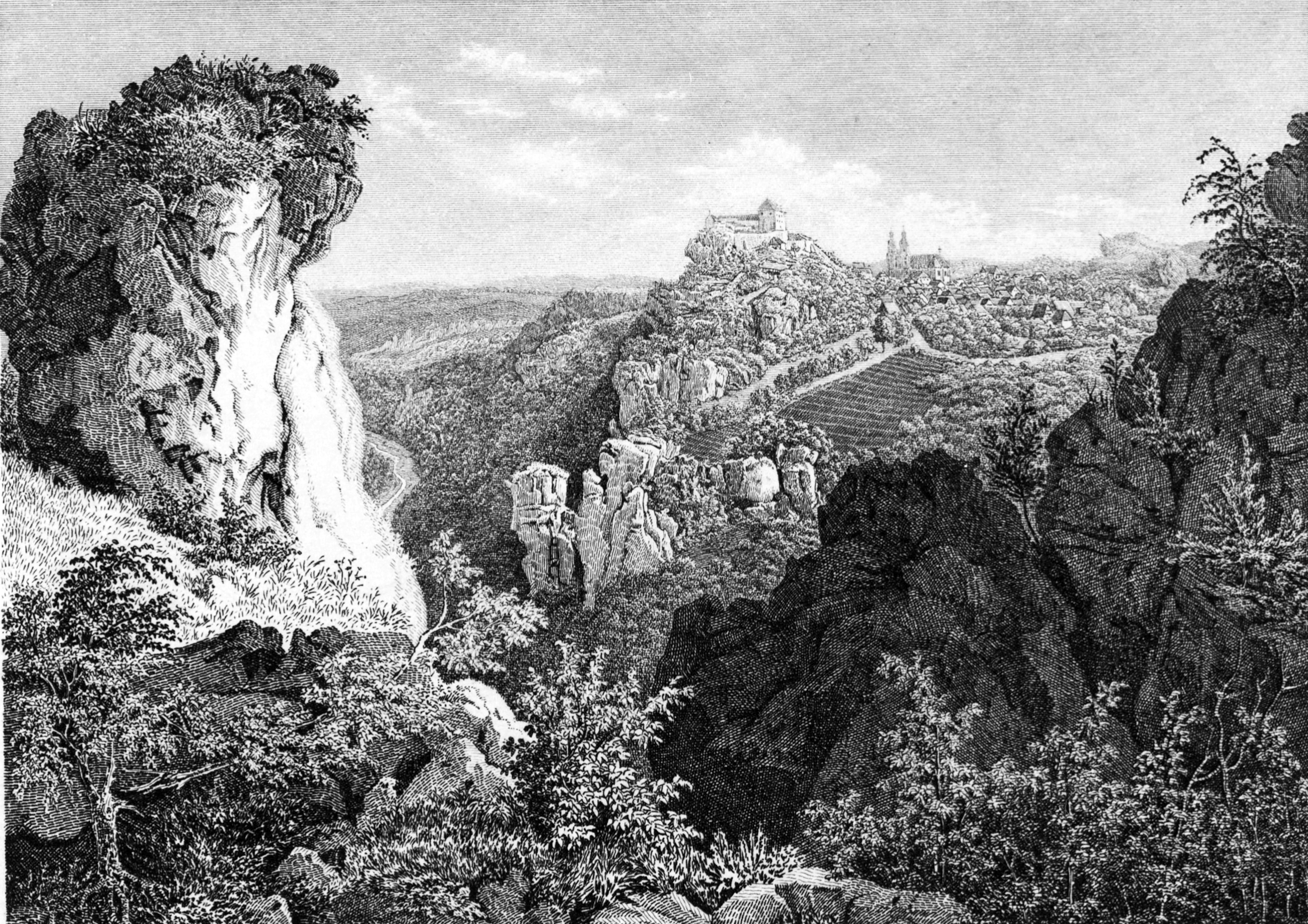 Stahlstich von C. Wießner (1834), veröffentlicht im Album der Fränkischen Schweiz (1840). Links erkennt man das Tal der Wiesent, in der Mitte die Burg Gößweinstein und rechts daran anschließend die Basilika.