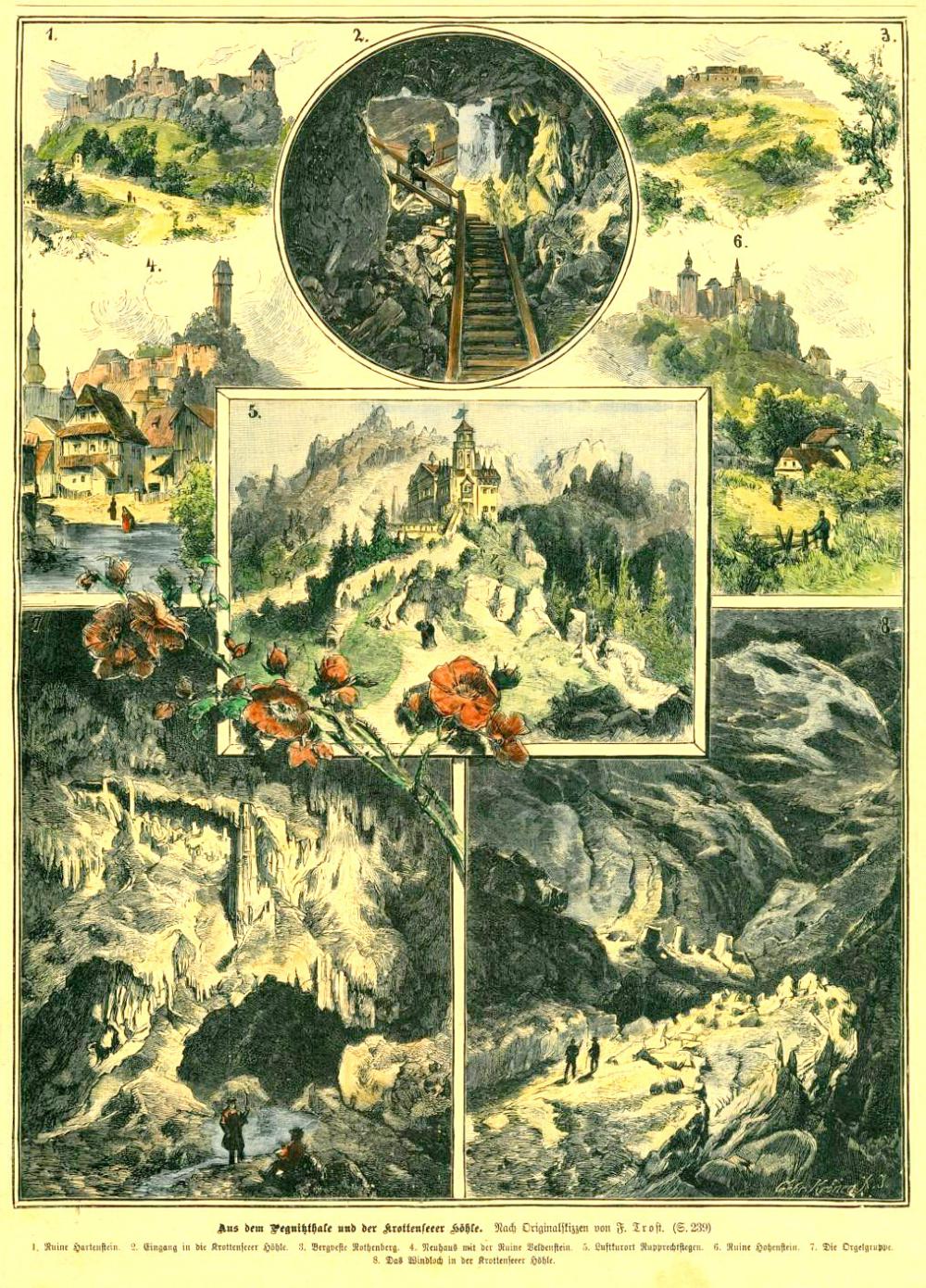 Aus dem Pegnitzthale und der Krottenseeer Höhle: Kolorierter Holzstich nach Friedrich Trost, um 1880 (oder 1891)