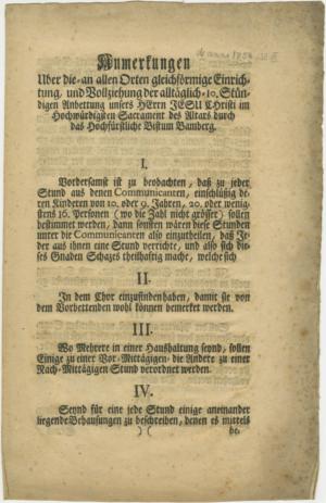 Abb. 14: Archival von 1759 über die Art und Weise, wie die „10stündige Anbetung“ im Bistum Bamberg zu praktizieren ist, Seite 1. Für die weiteren Seiten bitte auf das erste Bild klicken.
