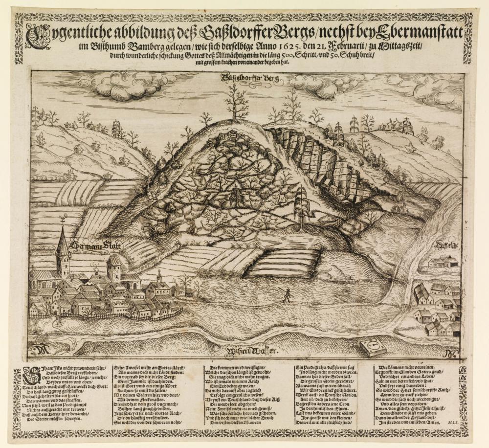 Abb. 15: „Eygentliche abbildung deß Gaßldorffer Bergs/nechst bey Ebermannstatt“. Darstellung des Gasseldorfer Hangrutsches von 1625 auf einem zeitgenössischen Flugblatt.
