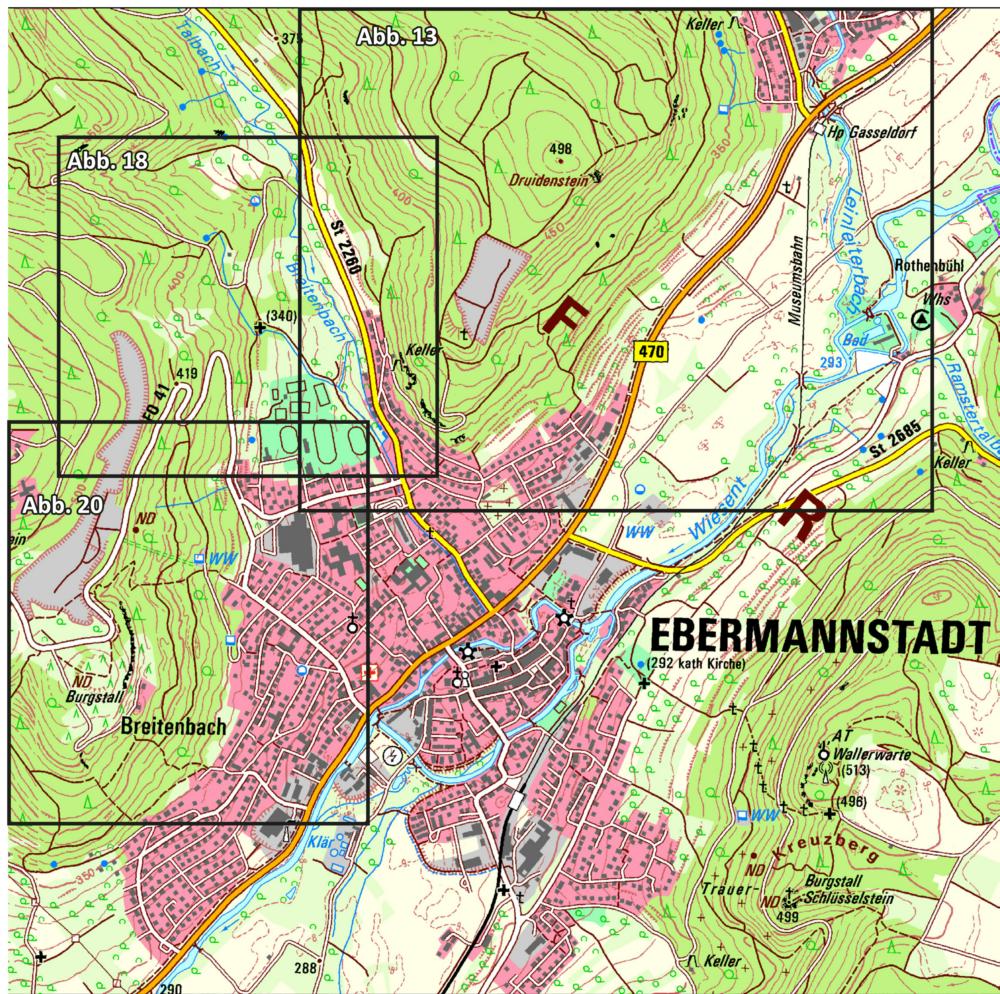 Abb. 16: Hangrutsche im Bereich Ebermannstadt (mit Abbildungs-Nummer der Detaildarstellungen): Abb. 13: Gasseldorf, Abb. 18: Muckelteich/Breitenbachtal, Abb. 20: Hasenberg)