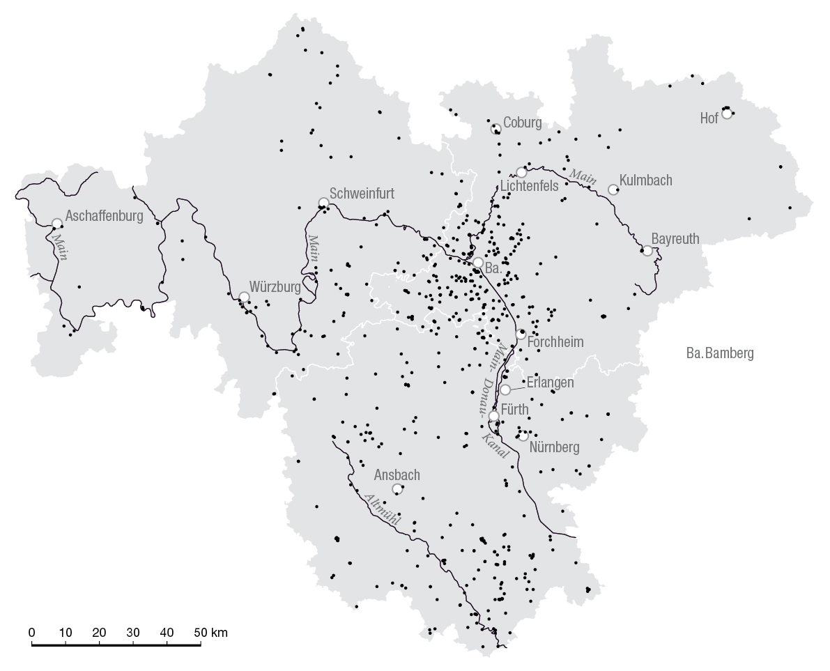 Abb. 2: Räumliche Verbreitung aller bis 2014 nachgewiesenen bewirtschafteten Bierkeller in Franken