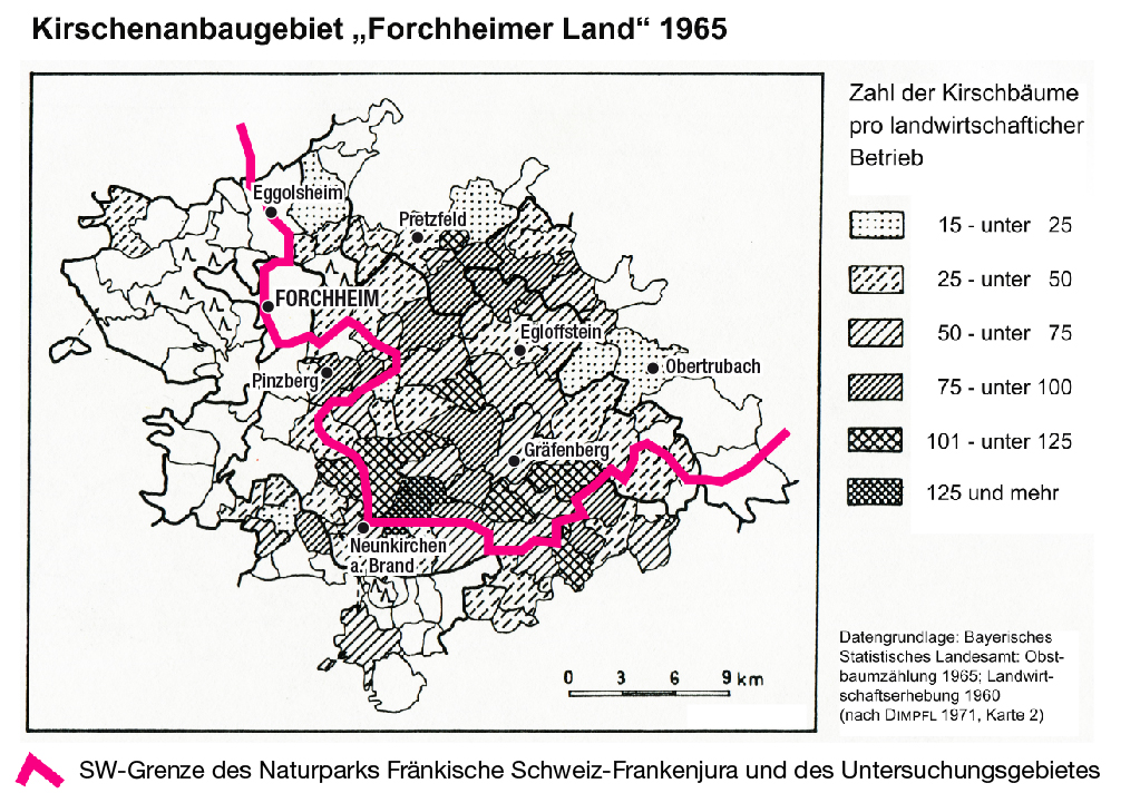 Abb. 2: Erstreckung des „größten zusammenhängenden Süßkirschenanbaugebiets Mitteleuropas“, Stand 1965