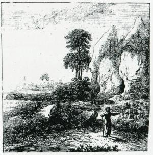 Abb. 3: Am Eingang zur Schönsteinhöhle bei Oberfellendorf: Sie wurde auch von Wackenroder und Tieck während ihrer legendären Pfingstreise 1793 besucht (Kupferstich aus Brandenstein 1808, Taf. XXI, Anonymus)