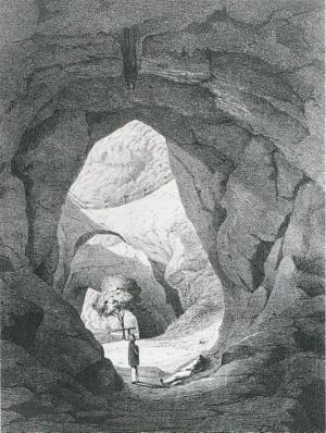 Abb. 5: Die Karsthöhle der Riesenburg mit ihren natürlichen Felsbrücken (Tonlithographie, Anonymus, o.J.)