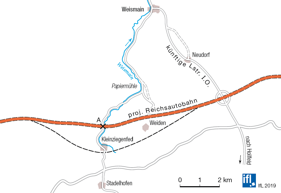 Abb. 9: Plan der Reichsautobahnnebenstrecke im Bereich der geplanten Überquerung des Kleinziegenfelder Tales von 1937, Talverlauf und Autobahntrasse wurden durch Farben verstärkt
