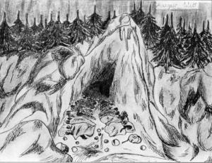 Abb. 21: „Die Nacht in der Höhle“, Skizze einer Hamburger Teilnehmerin an der Kinderlandverschickung nach Doos