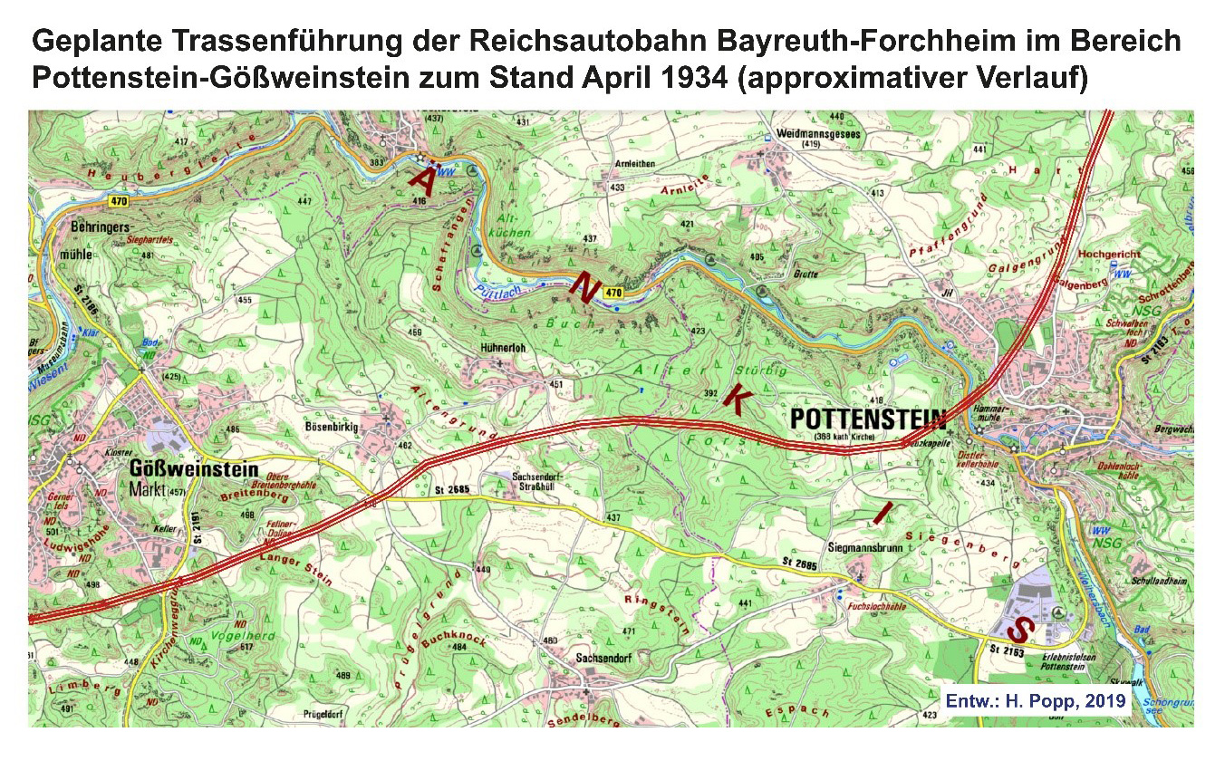 Abb. 4: Der Autobahnverlauf der Reichsautobahn Forchheim-Bayreuth, wie er 1934 vorgesehen war, betraf sensibelste Landschaftsteile der Fränkischen Schweiz. Besonders die Überquerung der Püttlach ist aus heutiger Sicht ein gravierender Eingriff in den Landschaftscharakter.