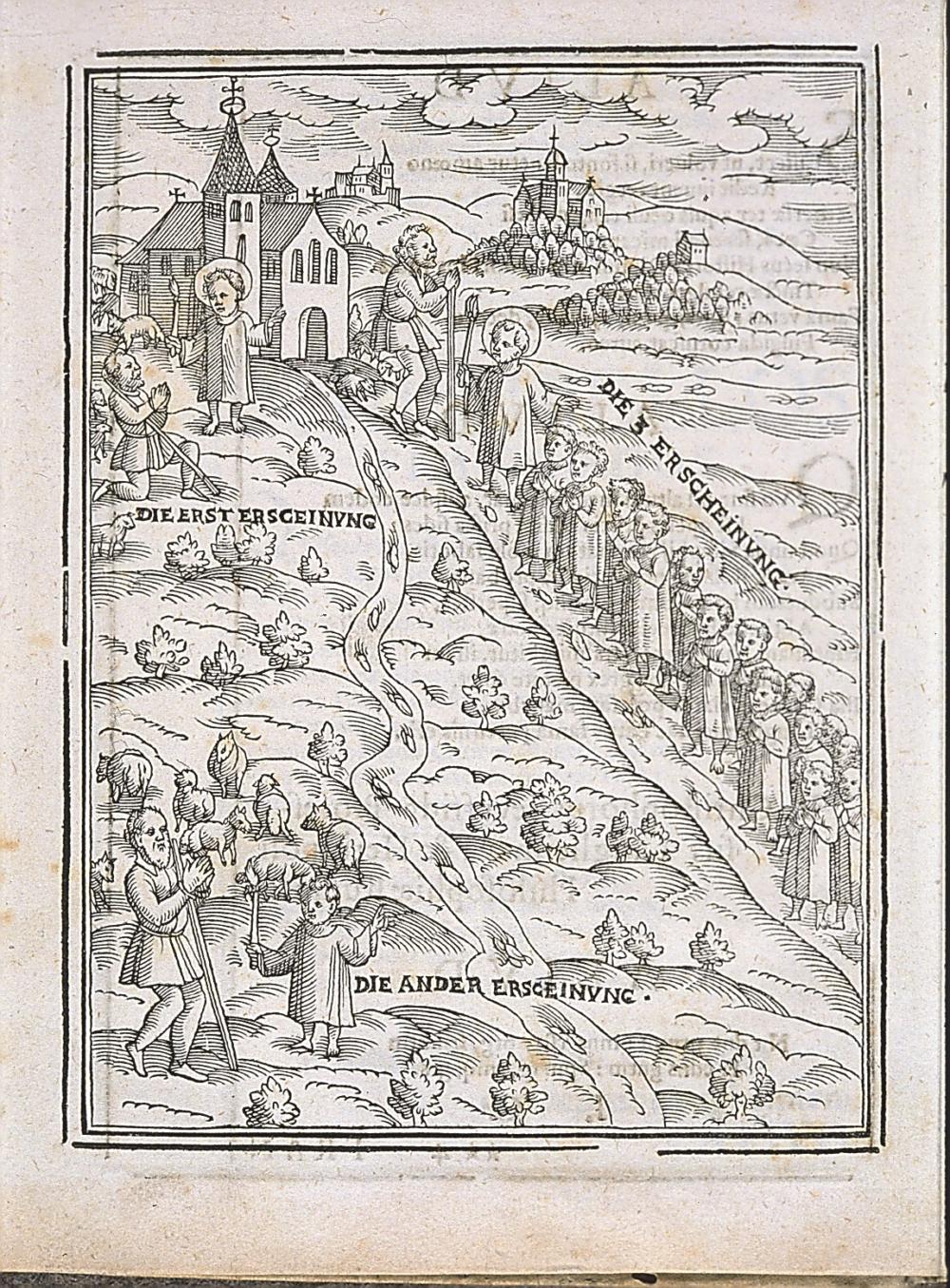 Abb. 2: Die drei Erscheinungen des Schäfers, Hermann Leicht in Frankenthal, der Ursprung des Wallfahrtsortes Vierzehnheiligen. Holzschnitt aus dem Wallfahrtsbuch von 1596