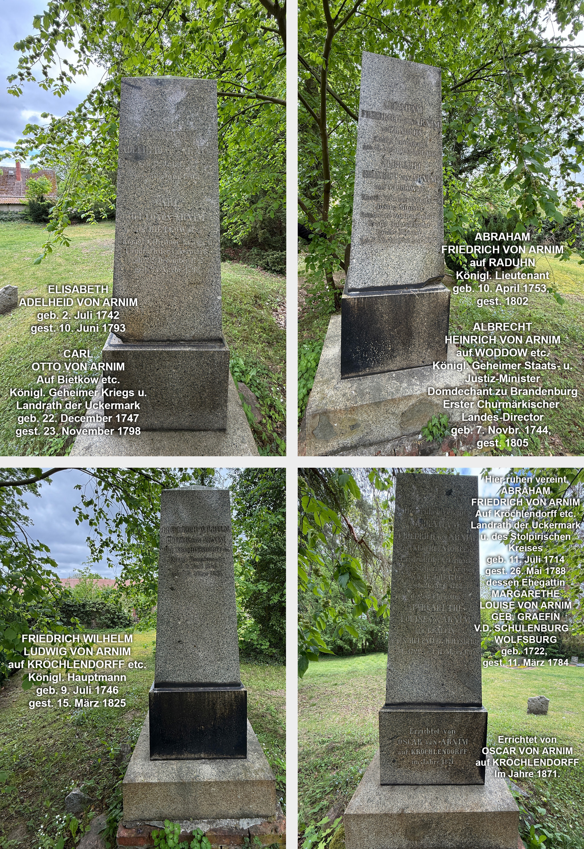 Abb. 8a-d: Gedenkstein für die Familie von Arnim in Kröchlendorff mit Transkription der Inschriften aller vier Seiten des Steins.