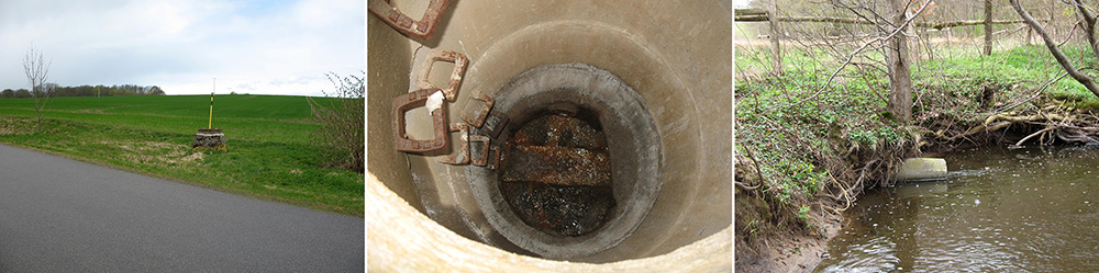 Abb. 1: Entwässerung von Ackerflächen mit unterirdischer Dränung <br> 1a) Kontrollschacht der unterirdischen Dränung einer Ackerfläche vor der Straßenunterführung (Foto: Jörg Steidl)<br> 1b) Blick in den Kontrollschacht einer unterirdischen Dränung (Foto: Jörg Steidl) <br>1c) Auslauf einer unterirdischen Dränung in einen angrenzenden Bach (Foto: Jörg Steidl)