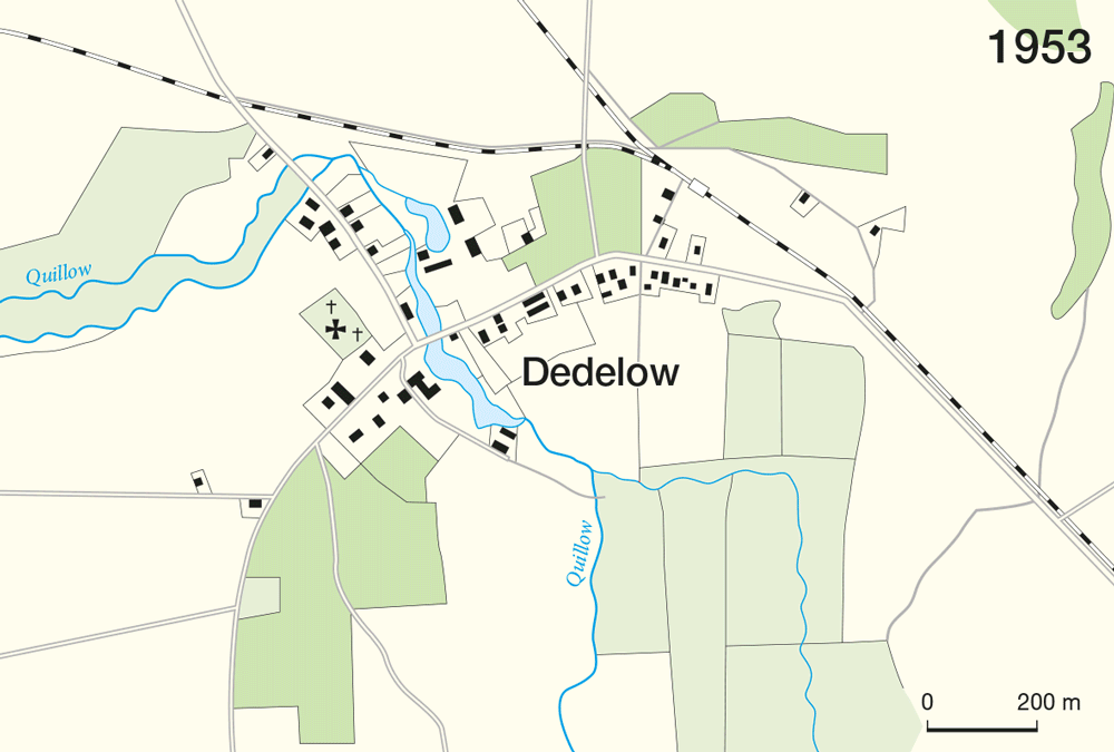 Abb. 6: Bauliche Entwicklung des Dorfes Dedelow 1953, 1989, 2025 (zur Ansicht der Einzelbilder bitte anklicken)