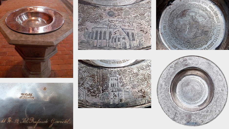 Abb. 106 bis 111: Die von Johann Wilhelm Keibel aus St. Petersburg 1862 gestiftete Taufschale für die Marienkirche in Pasewalk