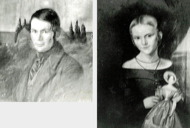 Abb. 27 u. 28: Albert (1822–1893) und Julie Keibel, geb. Lindenberg-Damme (1834-1904), gemalt als Verlobte. Die Originale dieser Ölbilder hingen in Ludwigsburg und sind 1945 verloren gegangen.