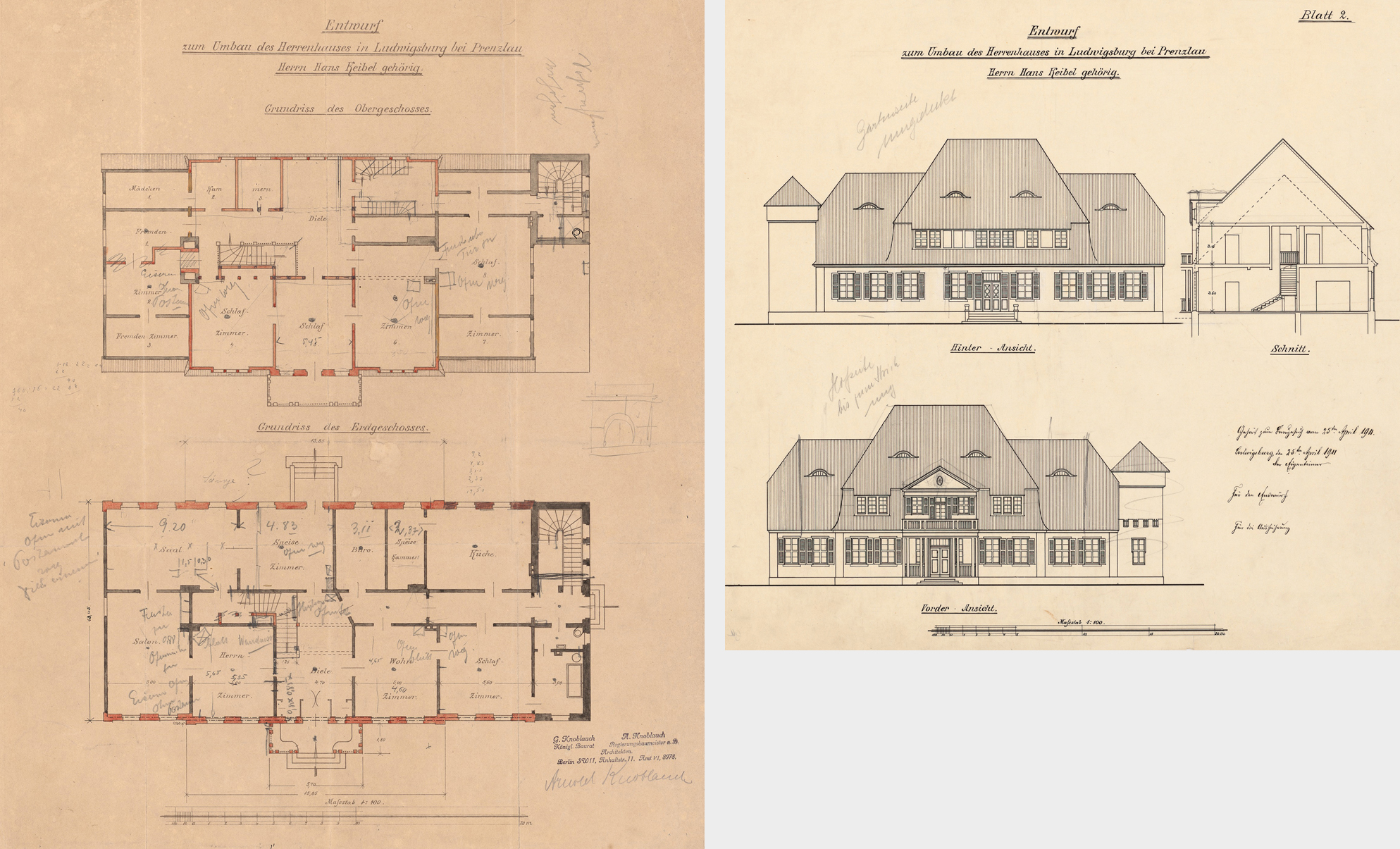Abb. 57 u. 58: Projektskizzen für den Umbau bzw. die Elektrifizierung des Ludwigsburger Gutshauses