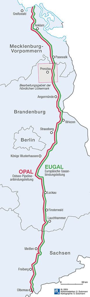 Abb. 1: Verlauf der OPAL- und EUGAL-Pipelines von der Ostseeküste bei Lubmin bis zur deutsch-tschechischen Grenze bei Olbernau