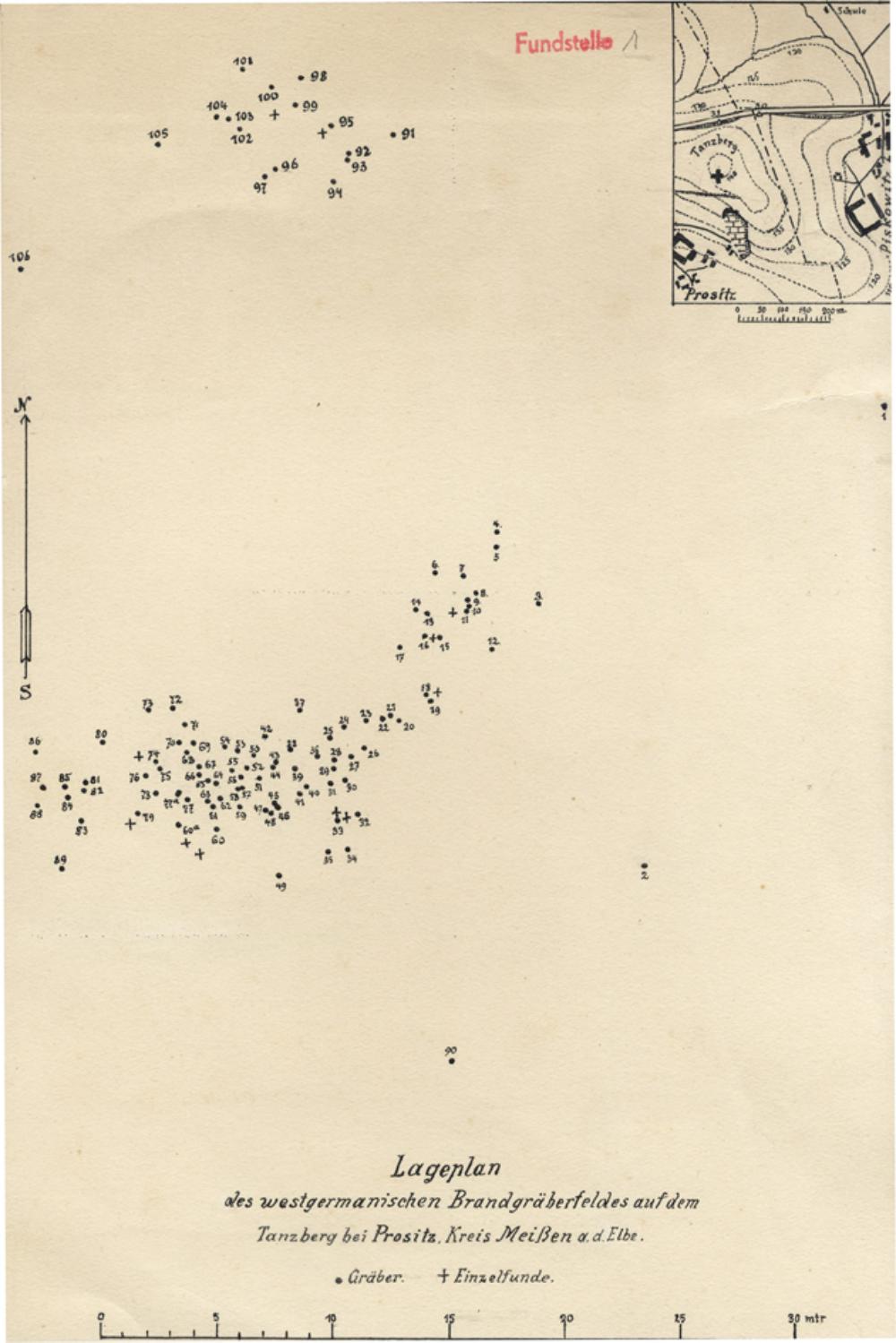 Abb. 4: Historische Plan der auf dem Tanzberg von Johannes Deichmüller untersuchten Gräber