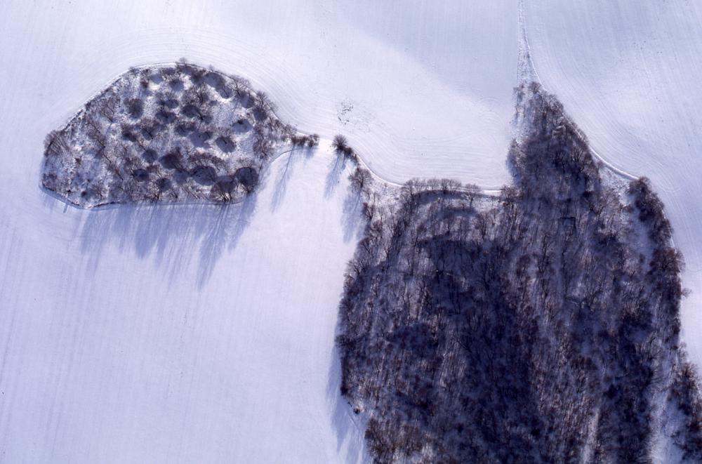 Abb. 6: Die winterliche Luftaufnahme zeigt das Pingenfeld (links oben im Bild) im Osten des Tännicht.