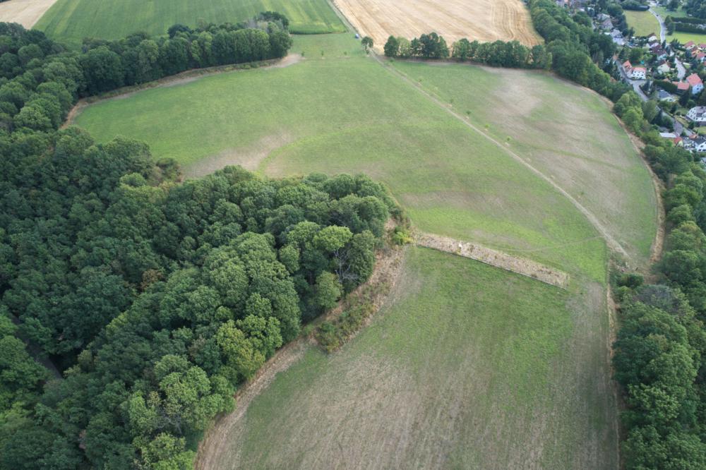 Abb. 1: Mit der Drohne im Jahr 2019 aufgenommene Luftansicht des Zschaitzer Burgberges, die neben dem Steinriegel auf dem Hauptwall auch Gräben im Vorburggelände zeigt, deren Verlauf durch eine andere Einsaatmischung sichtbar gemacht sind.
