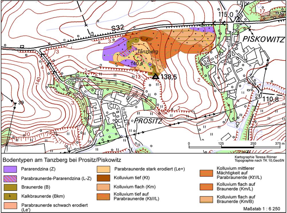 Abb. 3: Bohrstocksondierungen ergaben 2008 auf dem Tanzberg ein kleinräumiges und differenziertes Bodenmosaik, das von vollständig erodierten Bereichen (Kalkbraunerden, Pararendzina) bis hin zu kolluvial überlagerten Zonen reicht.
